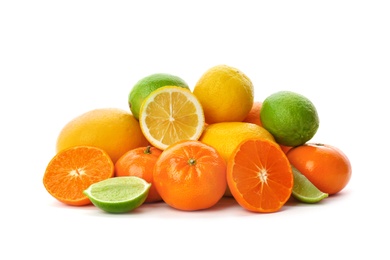 Set of fresh citrus fruits on white background