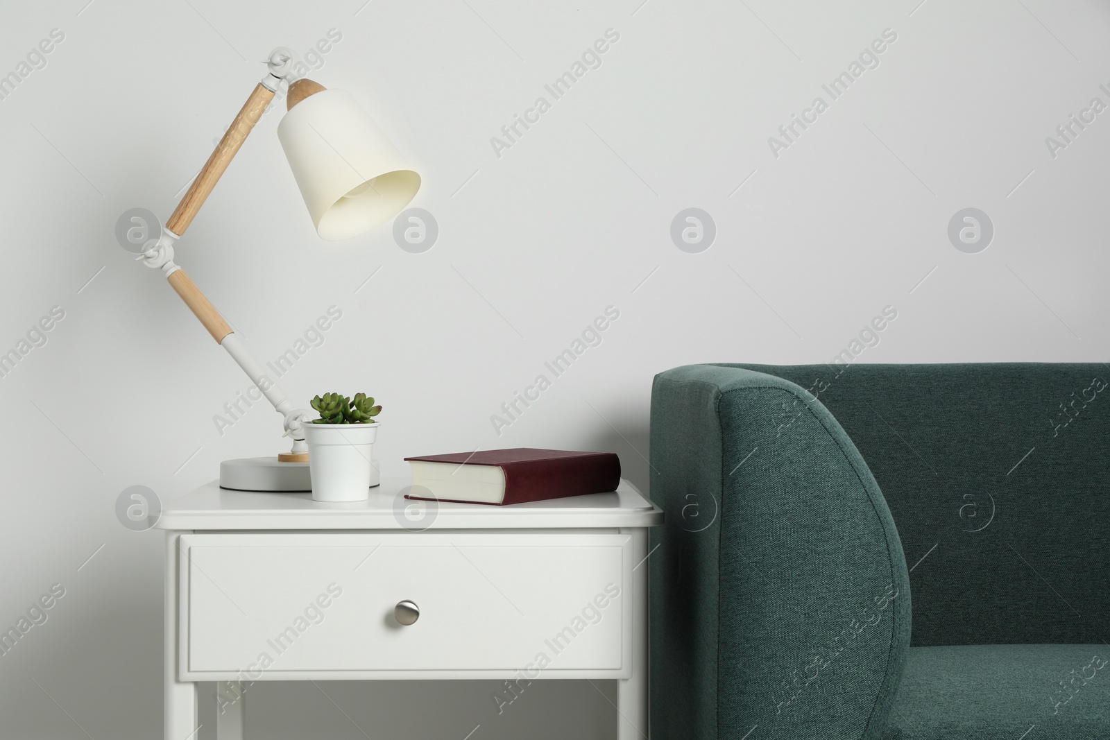 Photo of Stylish lamp, houseplant with book on side table and soft sofa near white wall. Interior design