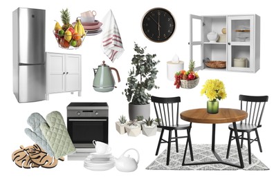 Image of Kitchen interior design. Collage with different combinable furniture and decorative elements on white background