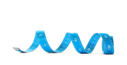 Long light blue measuring tape isolated on white