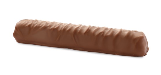 Photo of Sweet tasty chocolate bar isolated on white