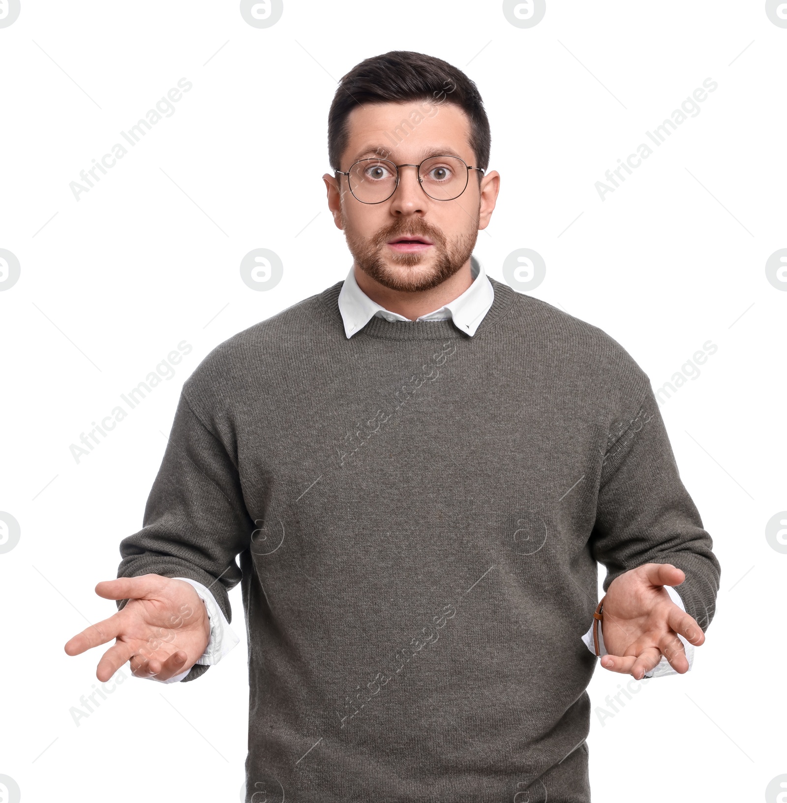 Photo of Portrait of handsome bearded businessman gesturing on white background