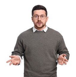 Portrait of handsome bearded businessman gesturing on white background