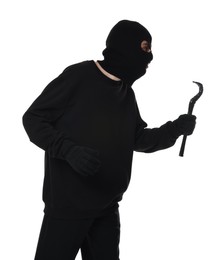 Photo of Thief in balaclava with crowbar on white background