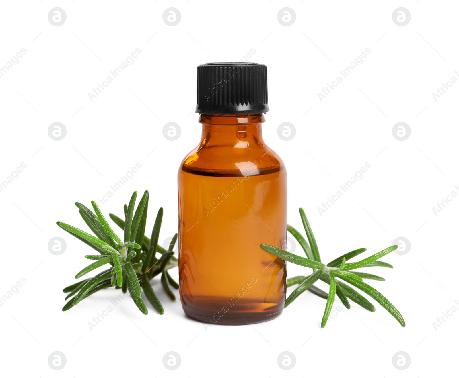 Photo of Sprigs of fresh rosemary and essential oil on white background