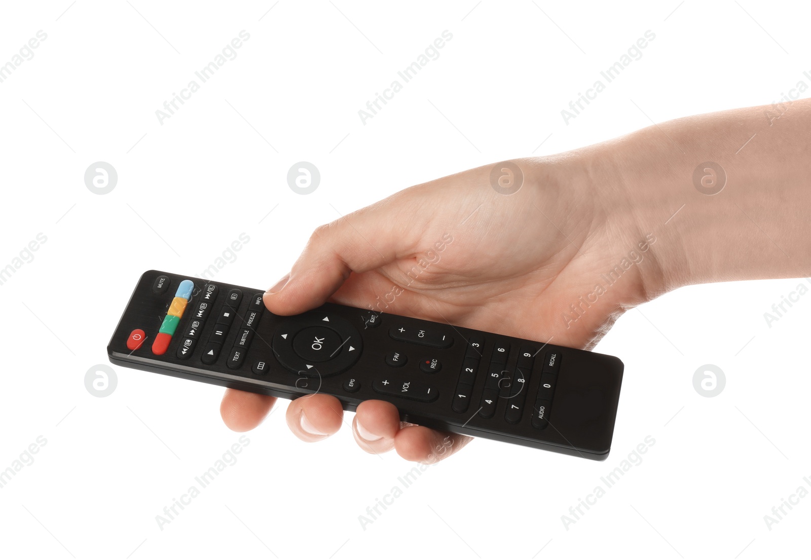 Photo of Woman holding remote control on white background, closeup