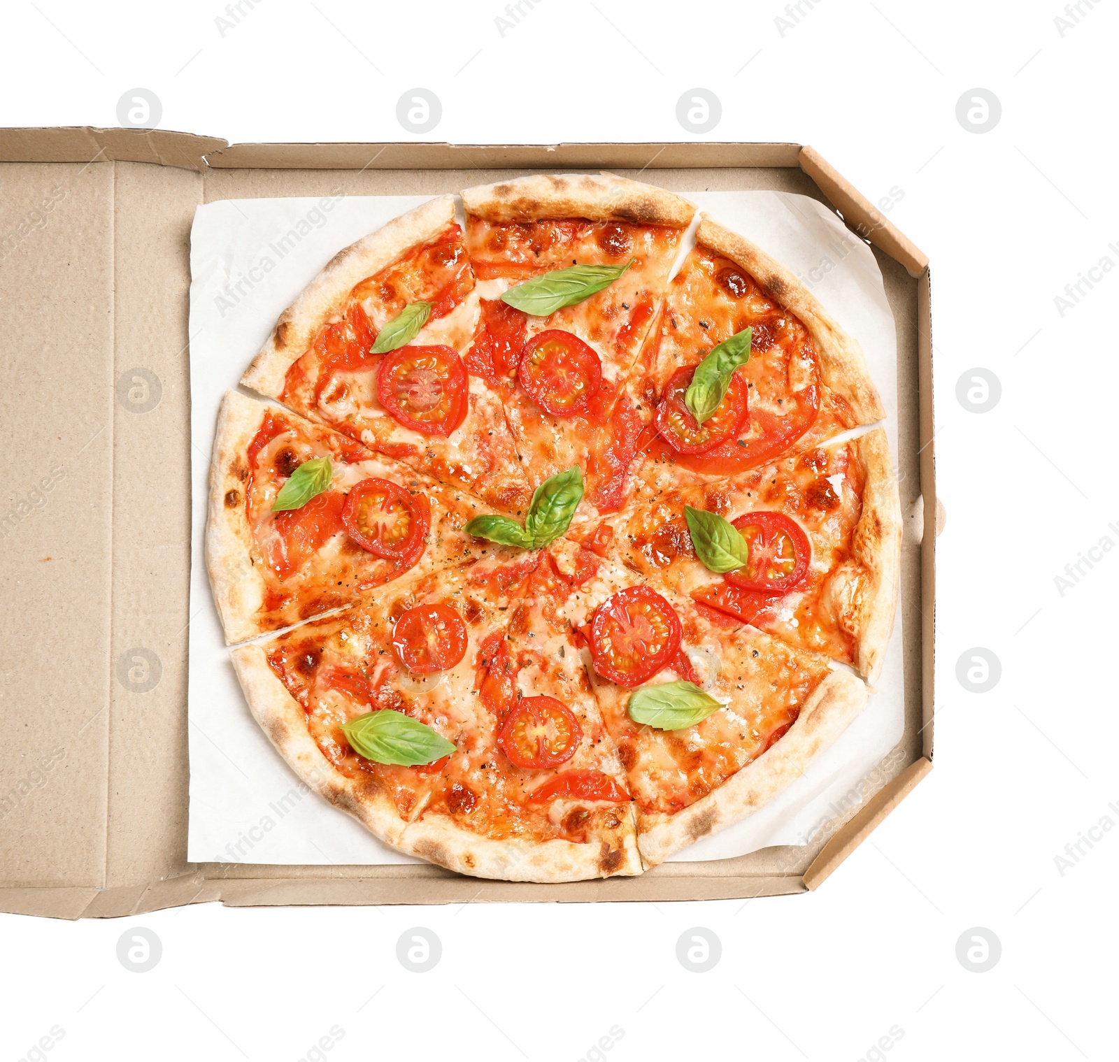 Photo of Delicious hot pizza Margherita in box isolated on white, top view