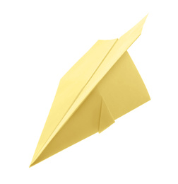 Photo of Handmade yellow paper plane isolated on white