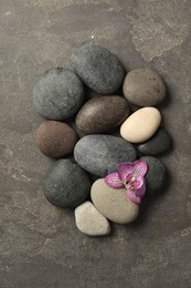 Photo of Spa stones and orchid flower on grey table, flat lay