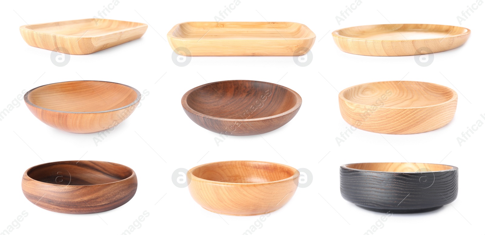 Image of Set with empty wooden plates and bowls on white background. Banner design