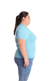 Photo of Overweight woman before weight loss on white background