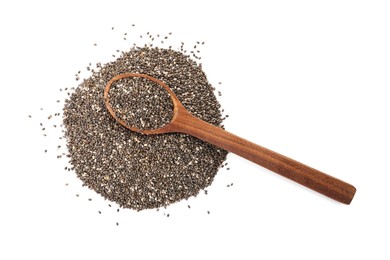Wooden spoon and chia seeds on white background, top view