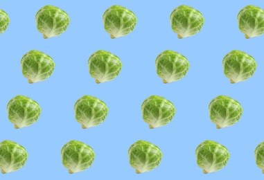 Image of Pattern design of fresh Brussels sprouts on light blue background