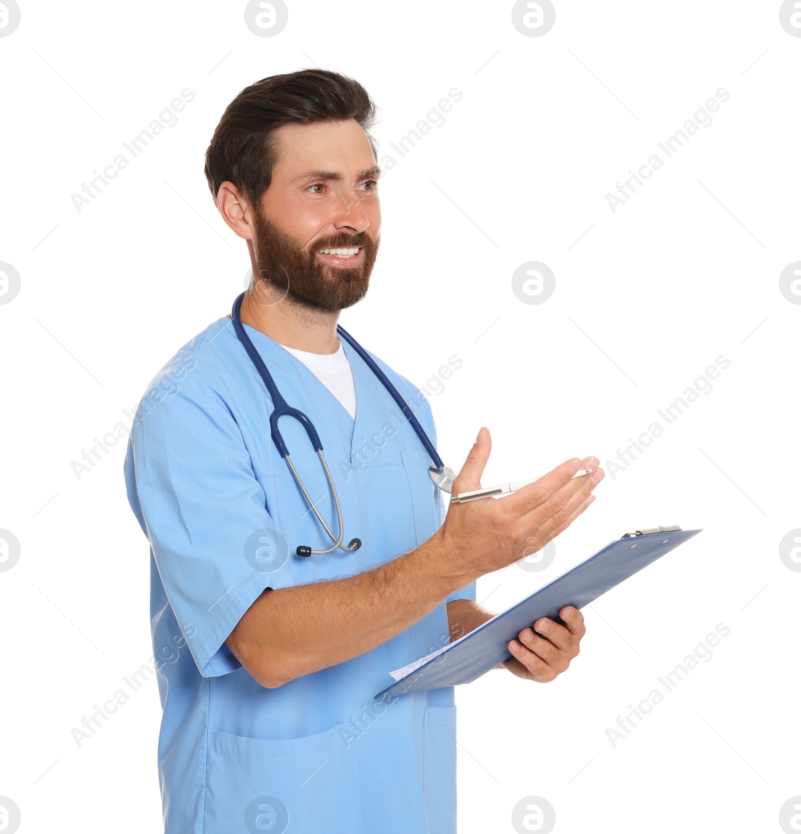 Photo of Happy doctor with stethoscope and clipboard on white background