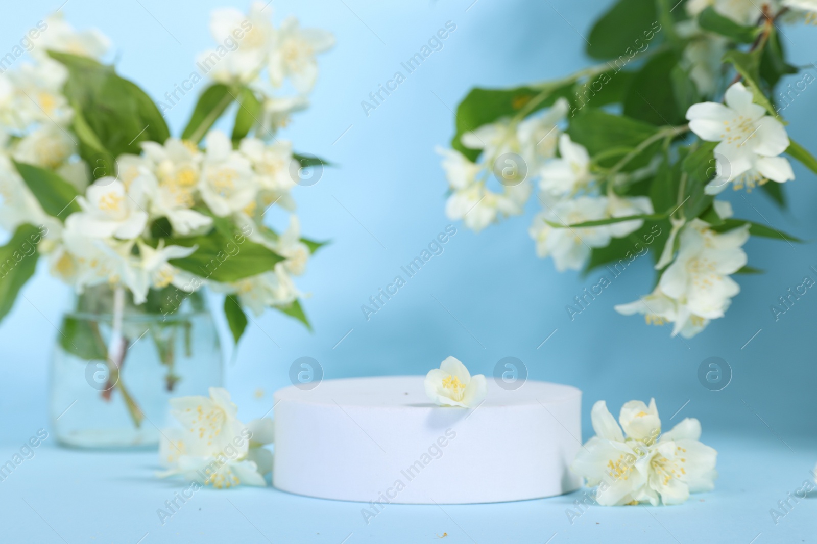 Photo of Presentation of product. White podium and beautiful jasmine flowers on light blue background, space for text