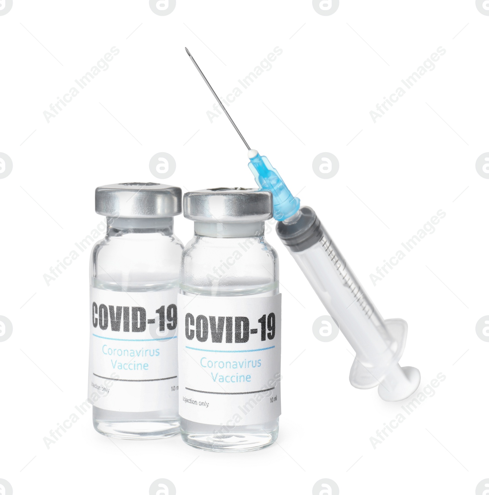 Photo of Vials with vaccine against coronavirus and syringe on white background