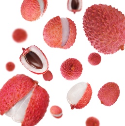 Image of Set of falling delicious lychees on white background