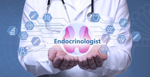 Image of Endocrinologist holding thyroid illustration surrounded by icons on light blue background, closeup. Banner design