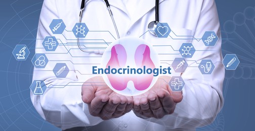 Endocrinologist holding thyroid illustration surrounded by icons on light blue background, closeup. Banner design