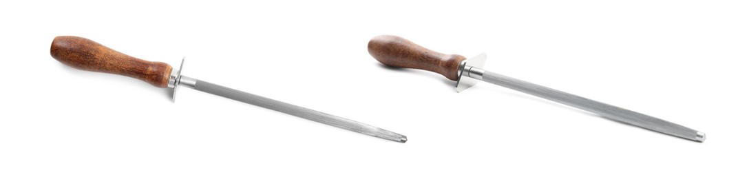 Image of Sharpening steel for knife on white background, collage. Banner design 