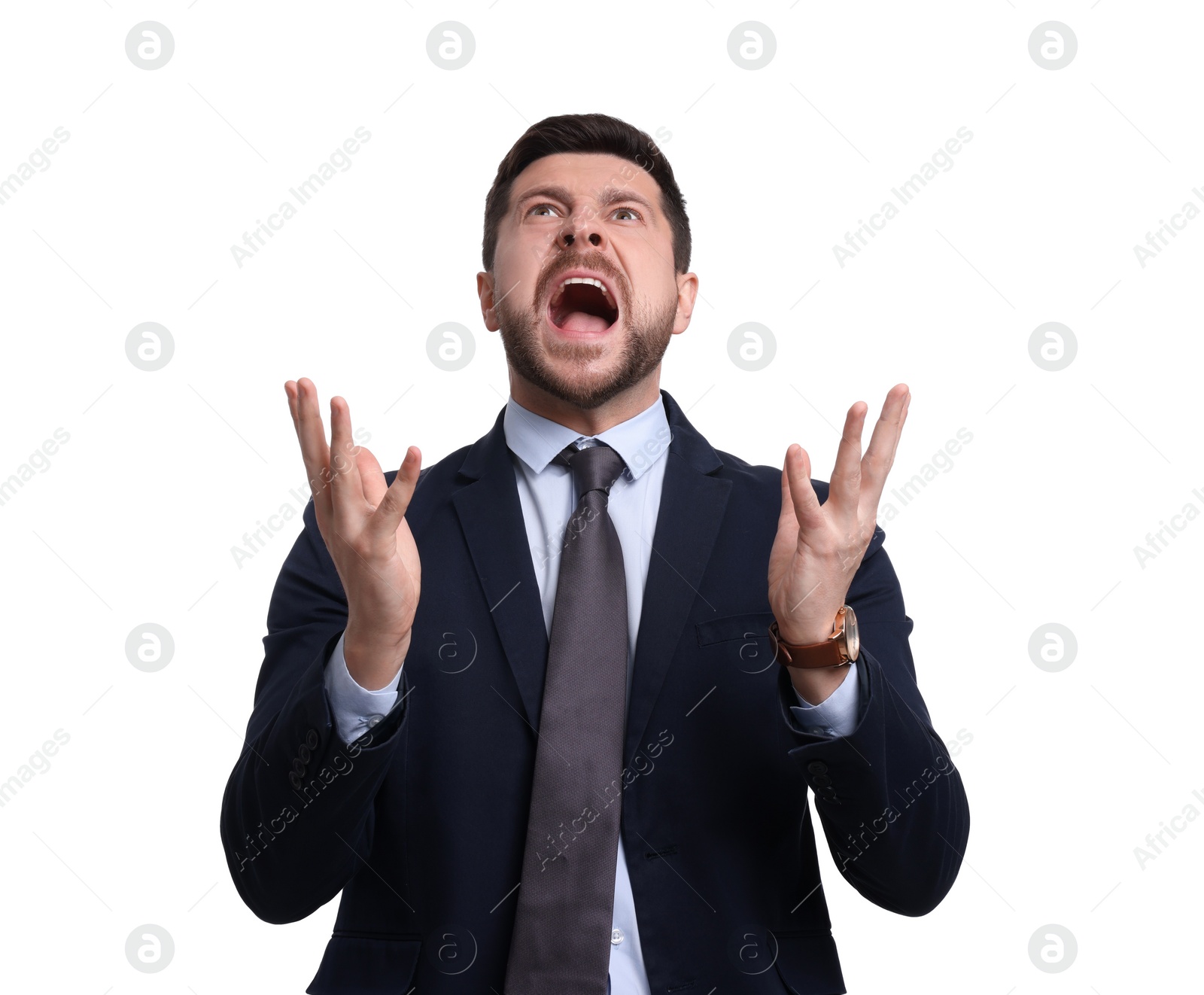 Photo of Emotional businessman in suit on white background