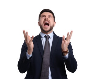 Photo of Emotional businessman in suit on white background