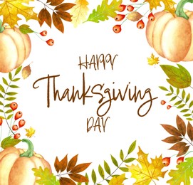 Illustration of Thanksgiving day card design. Text in frame with autumn leaves and pumpkins on white background, illustration