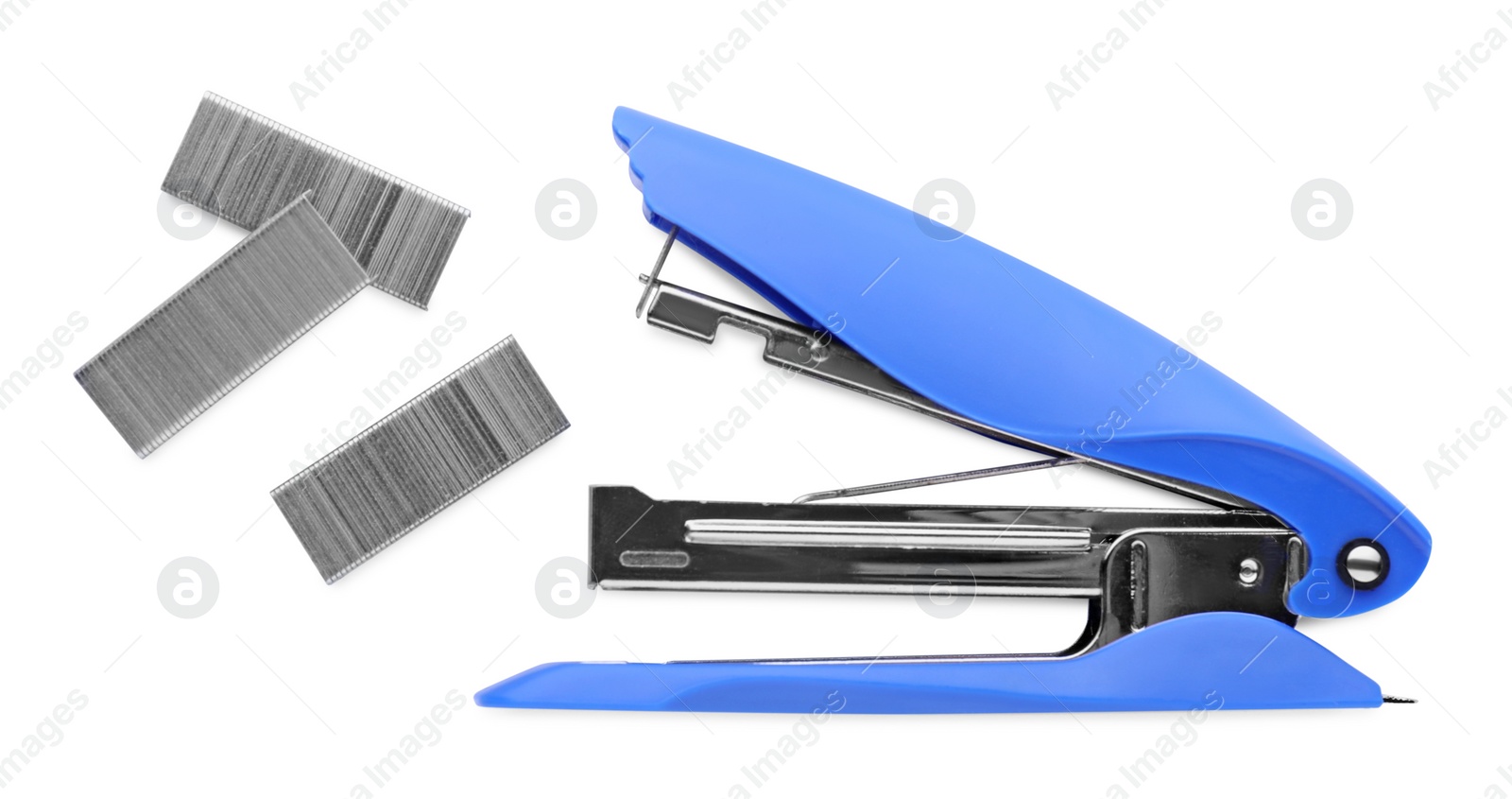 Photo of Bright blue stapler with staples isolated on white, top view