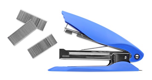 Photo of Bright blue stapler with staples isolated on white, top view