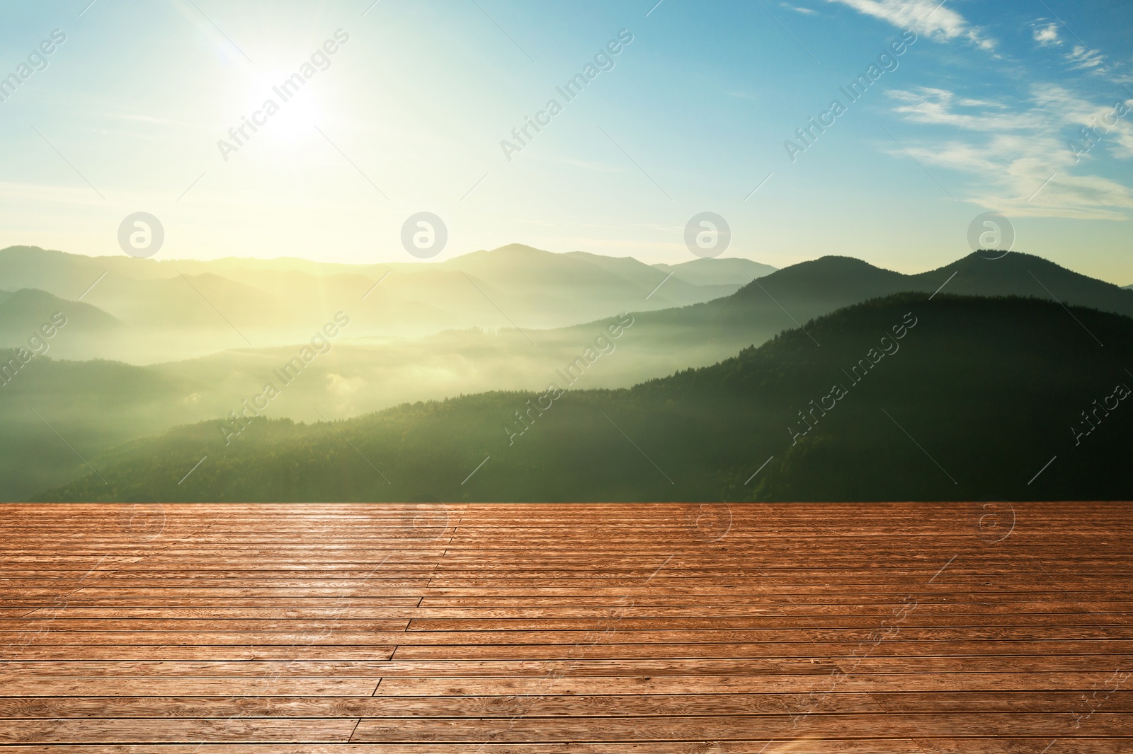 Image of Empty wooden surface and beautiful view of mountain landscape