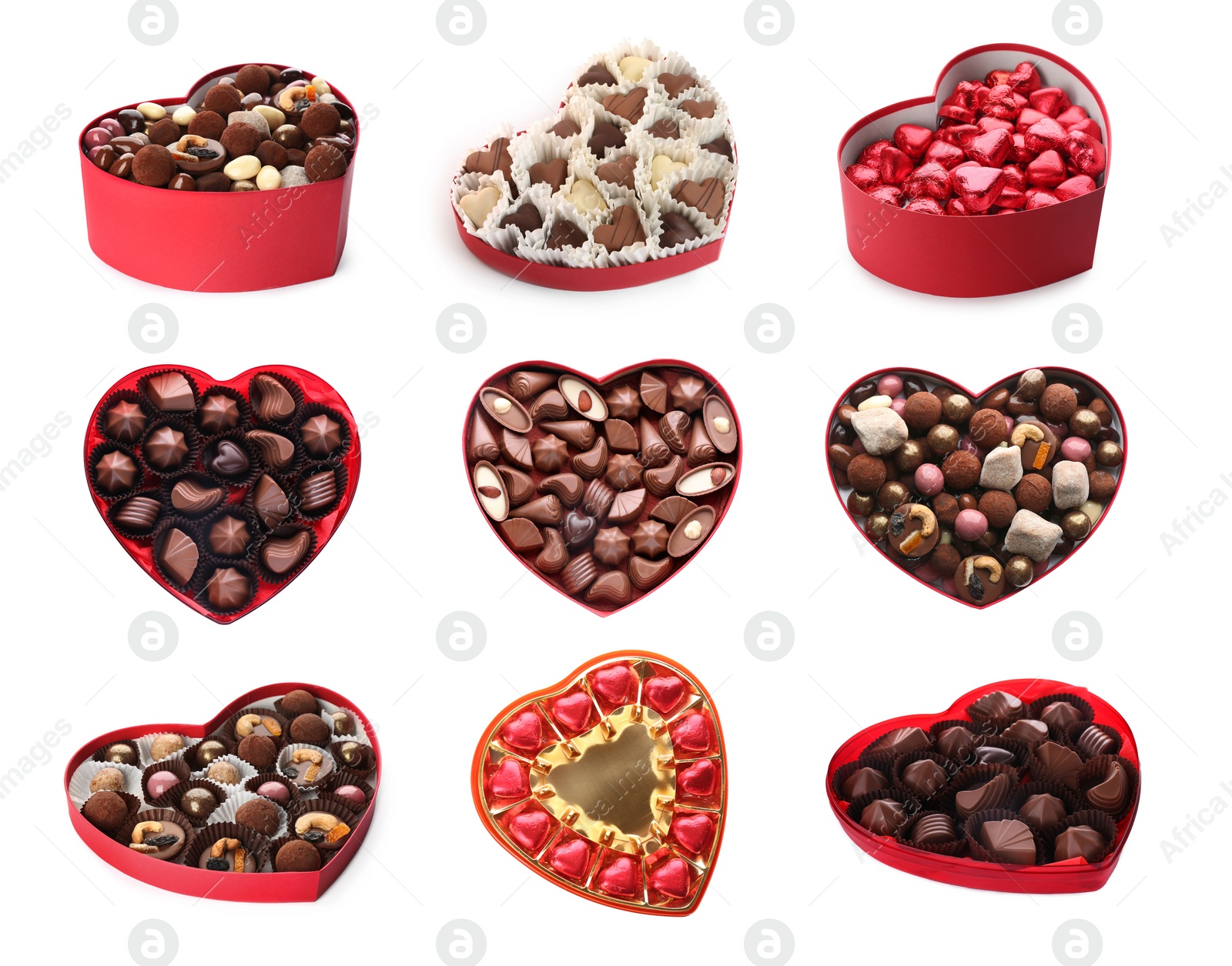 Image of Many heart shaped boxes with tasty chocolate candies on white background, collage design