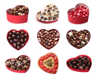 Image of Many heart shaped boxes with tasty chocolate candies on white background, collage design