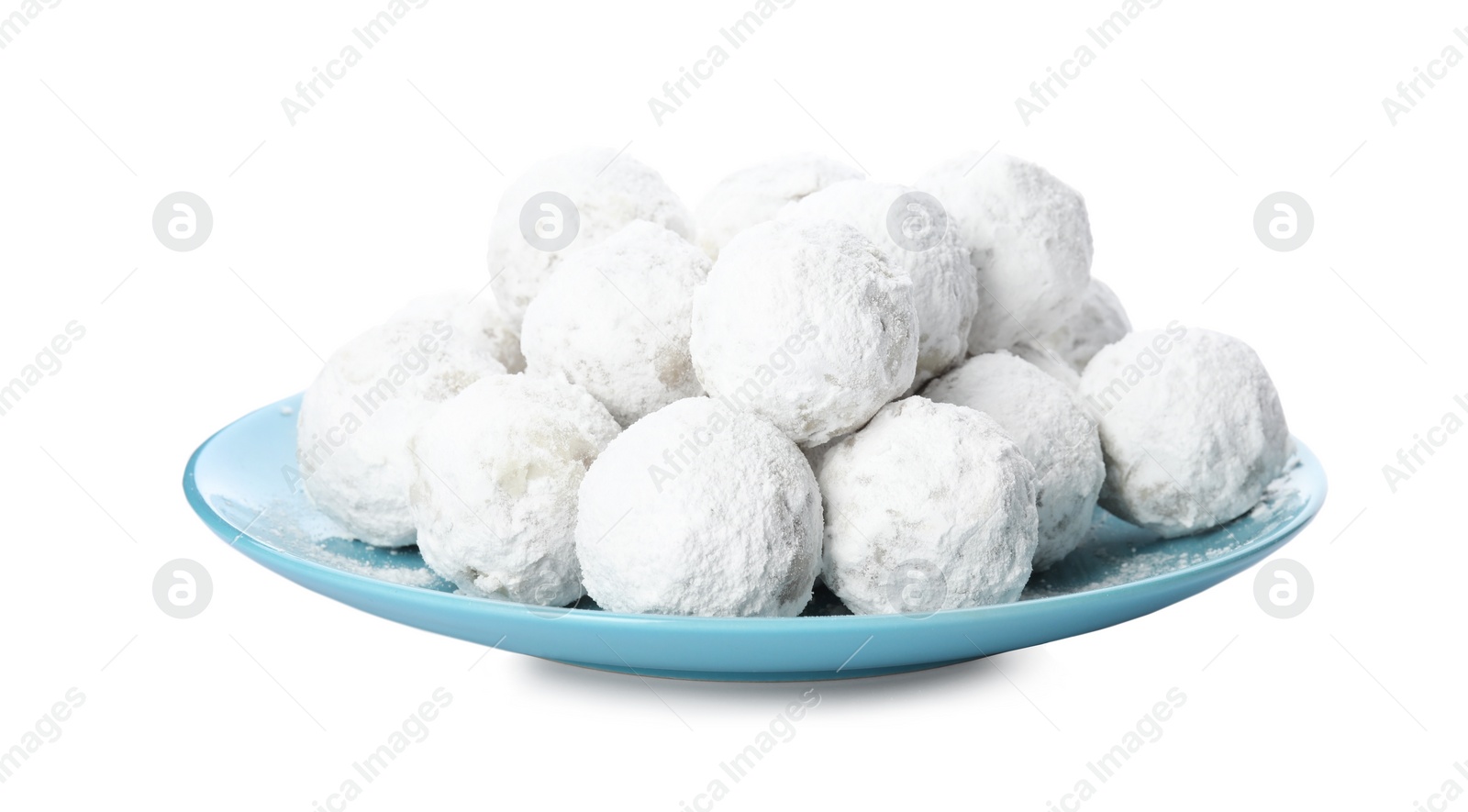 Photo of Tasty Christmas snowball cookies isolated on white