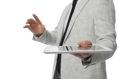 Photo of Businessman holding tablet computer on white background, closeup