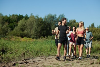 Group of happy people practicing Nordic walking with poles outdoors on sunny day