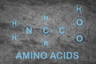 Illustration of Text Amino Acids  and chemical formula on grey stone surface