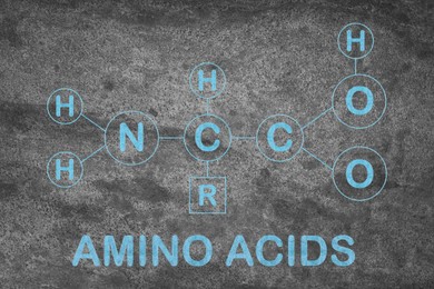 Text Amino Acids  and chemical formula on grey stone surface