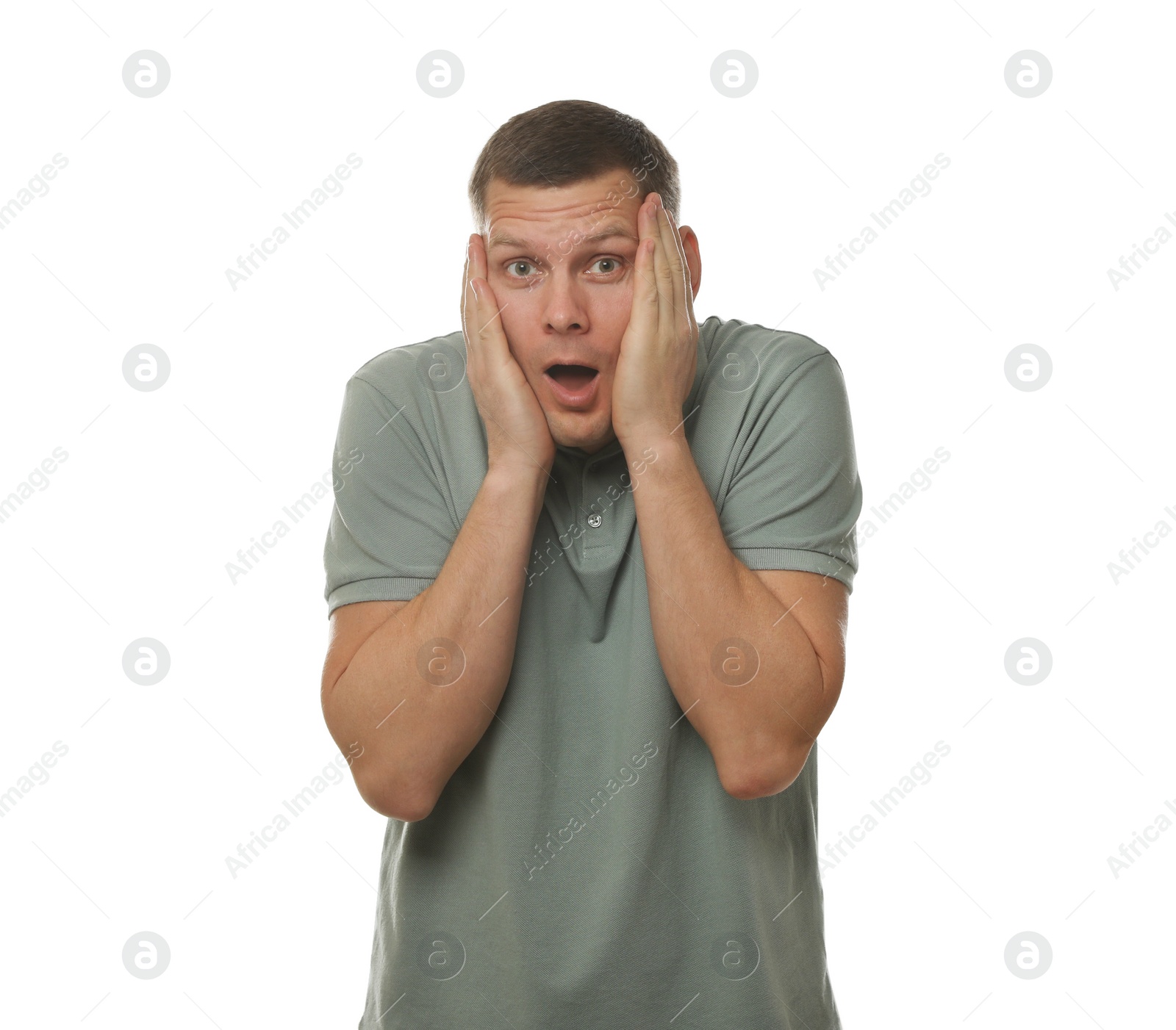 Photo of Mature man feeling fear on white background