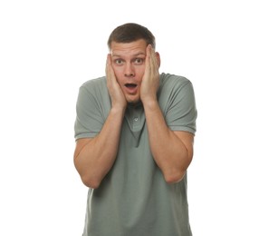 Photo of Mature man feeling fear on white background