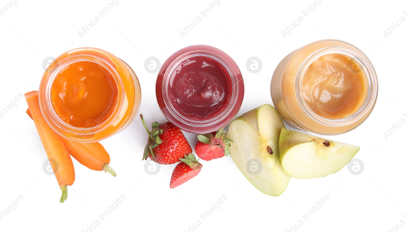 Photo of Healthy baby food in jars and fresh ingredients on white background, top view