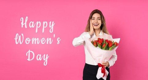 Image of Happy Women's Day, Charming lady holding bouquet of beautiful flowers on pink background