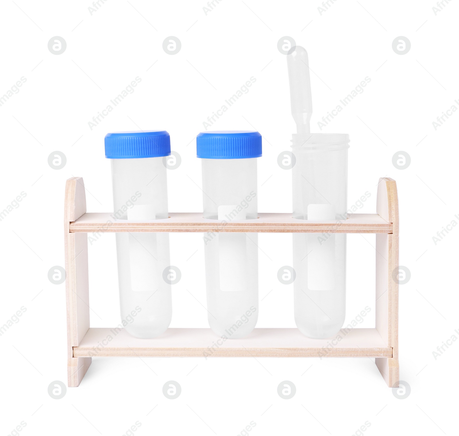 Photo of Wooden stand with empty test tubes isolated on white. Kids chemical experiment set