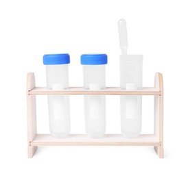Photo of Wooden stand with empty test tubes isolated on white. Kids chemical experiment set