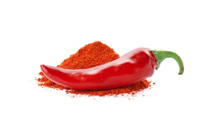 Photo of Fresh chili pepper and powder on white background