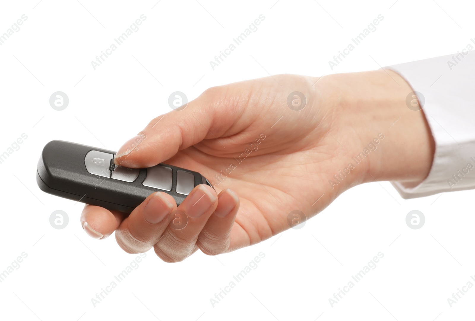 Photo of Woman holding car smart key isolated on white