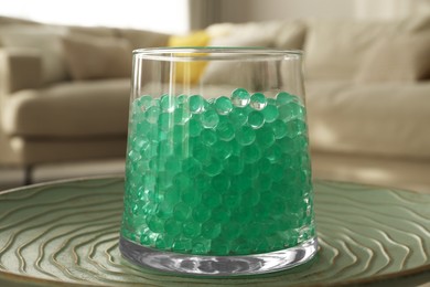 Photo of Mint filler in glass vase on table at home, closeup. Water beads