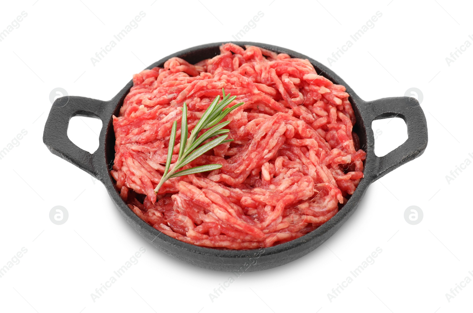 Photo of Raw ground meat and rosemary in bowl isolated on white