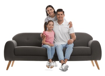 Photo of Happy family resting on comfortable grey sofa against white background