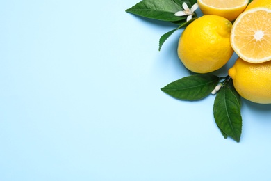 Photo of Many fresh ripe lemons with green leaves and flower on light blue background, flat lay. Space for text