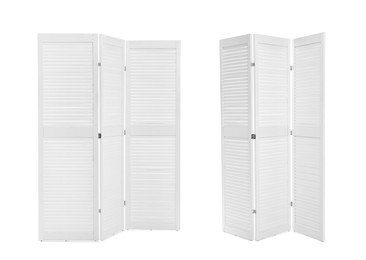 Set with photos of wooden room divider screen on white background
